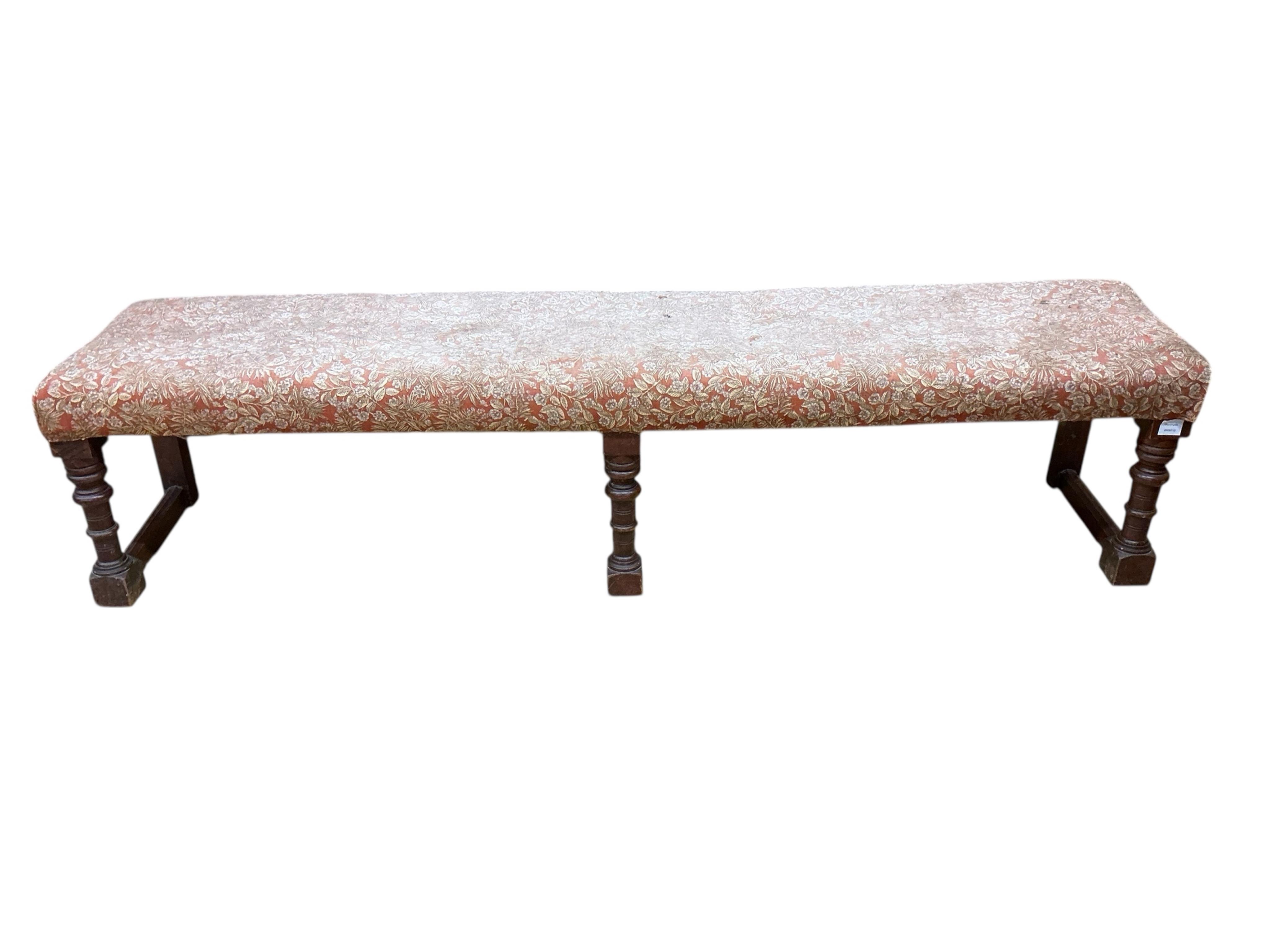 A late Victorian turned mahogany bench, adapted, width 200cm, depth 46cm, height 46cm